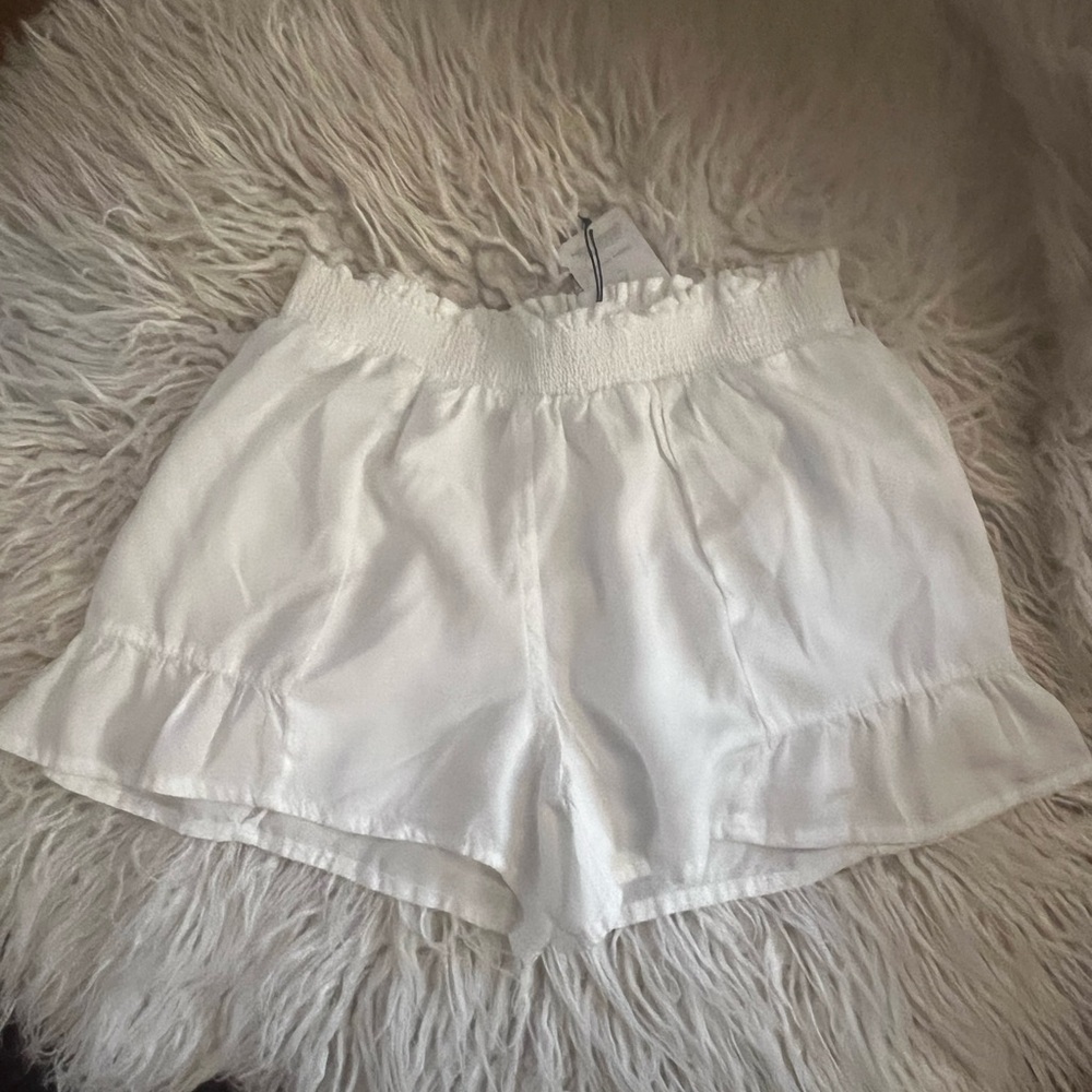 Smocked High-Waist White Ruffle-Hem Women's Shorts